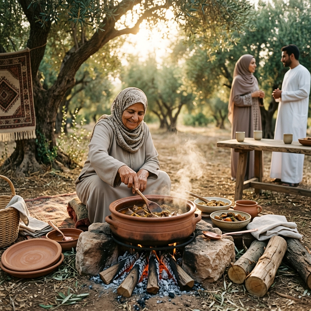 An elder preparation of Qurban heritage feast over woodfire pit in an olive grove