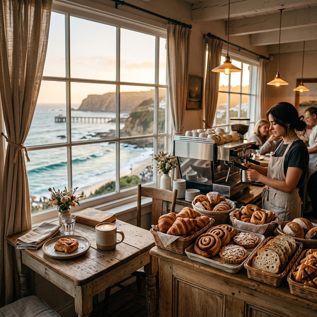 Interior of Salty Breeze coastal cafe showing freshly baked croissants, sourdough bread, and warm morning light shining through the window with ocean views
