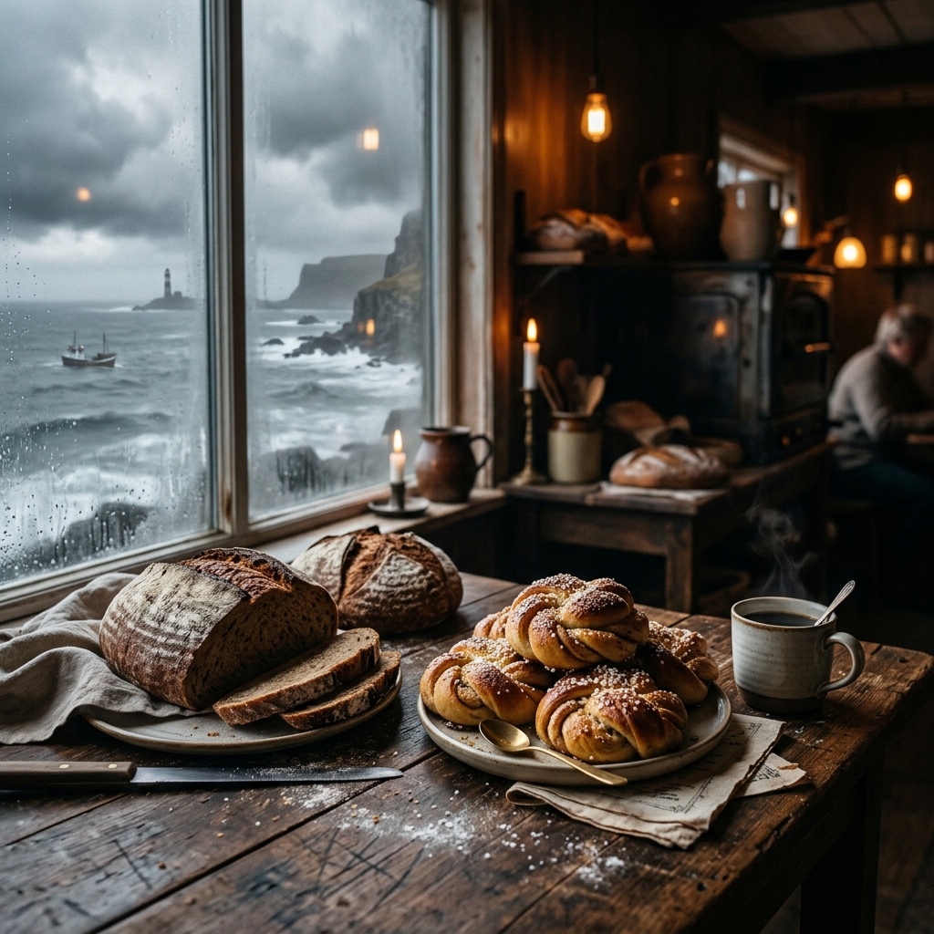 Moody interior of Salty Breeze, freshly baked dark sourdough and warm cardamom buns next to a foggy beachside window